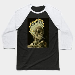 Smoking Skeleton with Floral Headdress Baseball T-Shirt